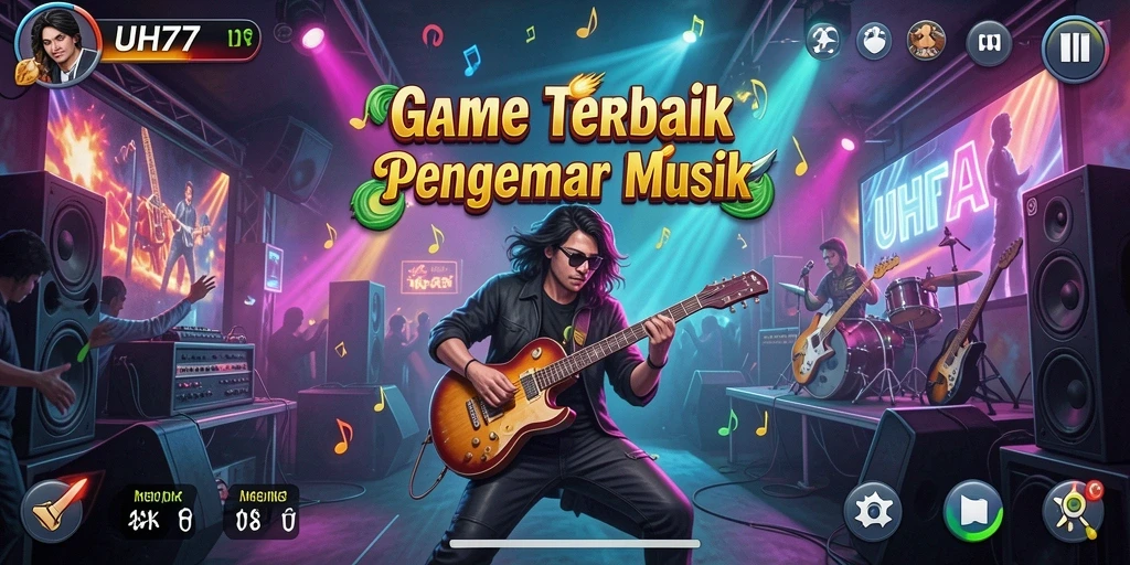 Tangkapan layar UH77 menampilkan gameplay musik yang seru dan interaktif.